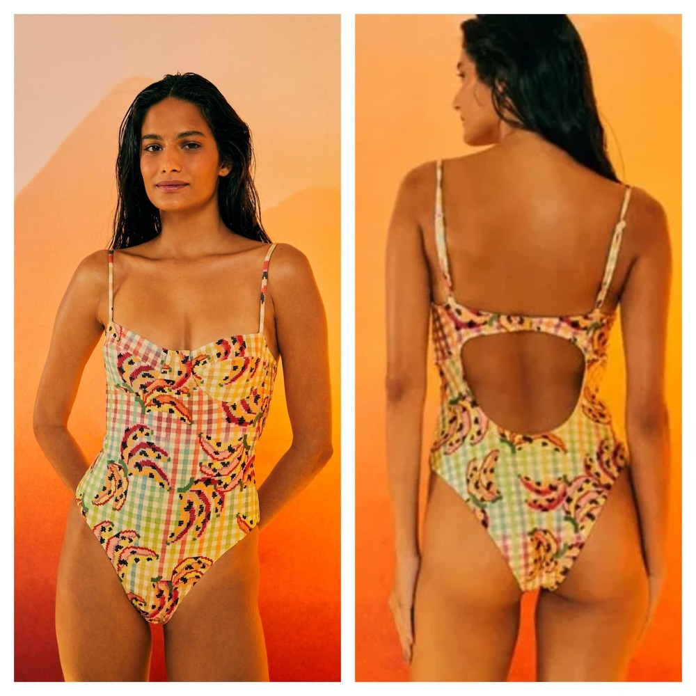 FARM Rio Yellow Green Pink Paisley Gingham One-Piece Swimsuit